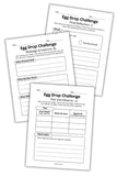 Egg Drop Challenge engineering worksheets featuring redesign and improve page, test results table, and final reflection worksheet for students