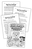 Egg Drop Challenge worksheets printable showing student cover page, introduction, reading passage, and key vocabulary pages for a STEM engineering activity
