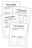 Egg Drop Challenge STEM worksheets including prediction page, design planning worksheet, materials list, and test and observe data table