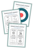 Three sheets of paper with 'Popsicle Stick Catapult' activities and challenges on a white background.