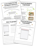 Seed Germination Experiment printable worksheets, including science explanation page, step-by-step instructions, daily observation sheet, and ‘what my seed needed to grow’ activity page. Educational plant life cycle activity for kids.