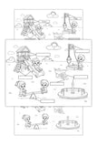 Simple machines playground worksheet with blank labels for students to identify levers, pulleys, wheel and axle, inclined plane, wedge, and screw in a playground scene.