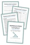 Printable popsicle stick catapult STEM challenge worksheets for kids showing engineering design pages and challenge cards.