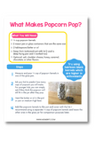 What Makes Popcorn Pop? worksheet showing materials list, step-by-step instructions, a photo of popcorn kernels in jars, and a tip about using heirloom black kernels. Part of a kids’ kitchen science experiment printable set.
