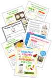 Preview pages from the ‘12 Brilliant Kitchen Science Experiments for Kids’ printable pack, featuring colorful step-by-step experiment sheets such as homemade butter in a jar, celery and food coloring investigation, bouncy egg experiment, and popcorn science activity.